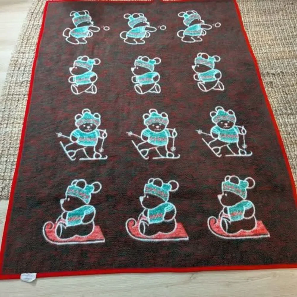 Vintage Biederlack Christmas Teddy Bear Blanket Skiing Sledding Reversible Throw